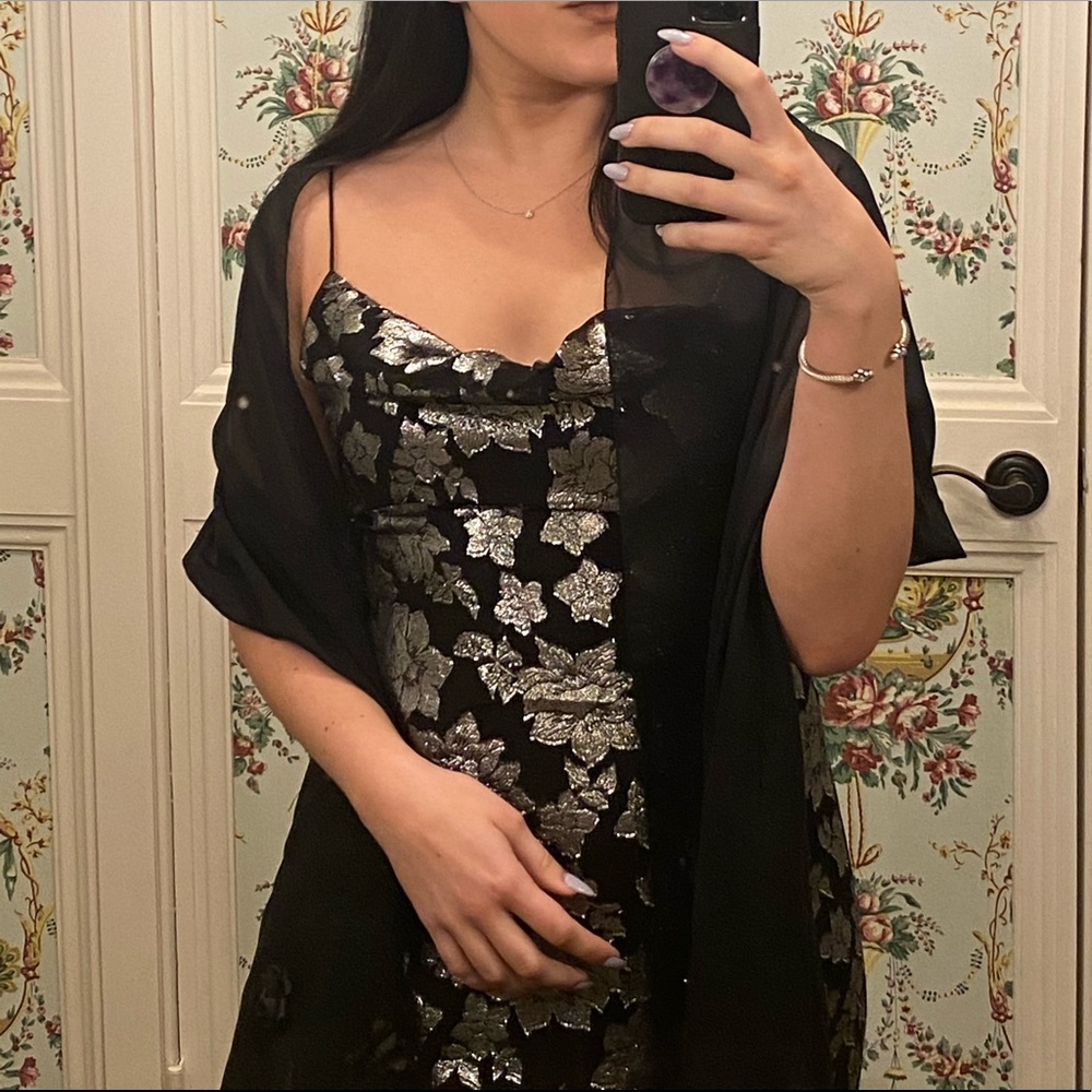 Club Monaco Long Black Dress with Silver Floral Design